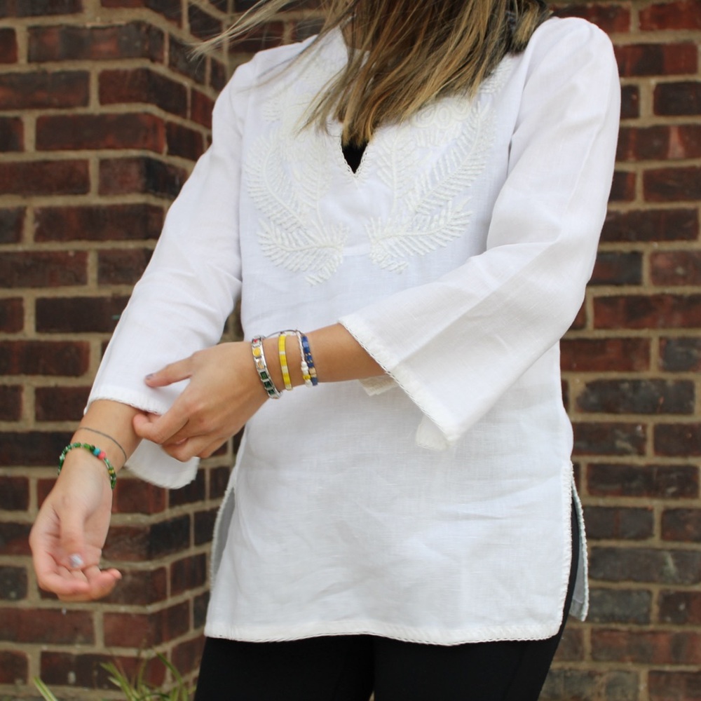Vintage Lauren Ralph Lauren - Embroidered White Linen Tunic Blouse